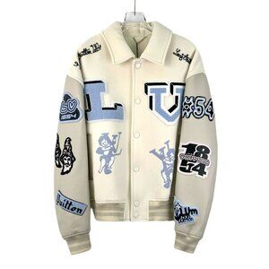 Louis Vuitton Beige Leather Baseball Jacket Logo Decorated Lapel Single-Breasted